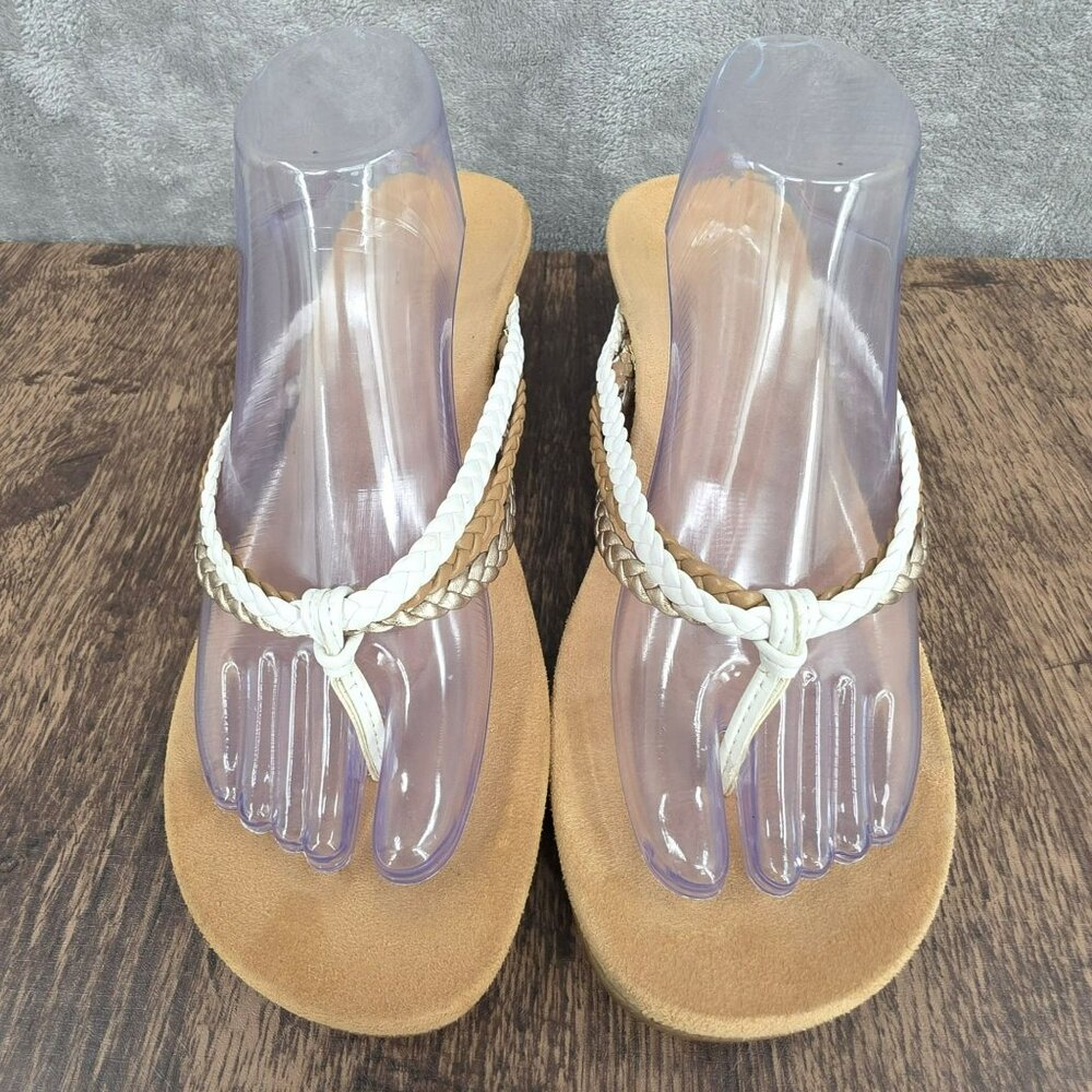 Vionic Ramba Wedge Heels 11 White Tan Metallic Gold Braided Thong Straps Beachy - Picture 5 of 13